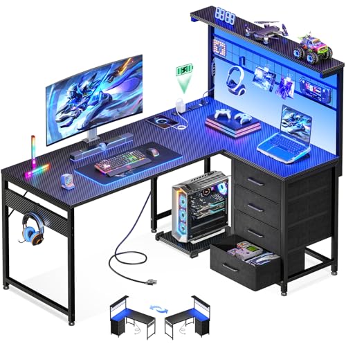 MOTPK L Shaped Gaming Desk with Shelf & 4 Drawers, 43