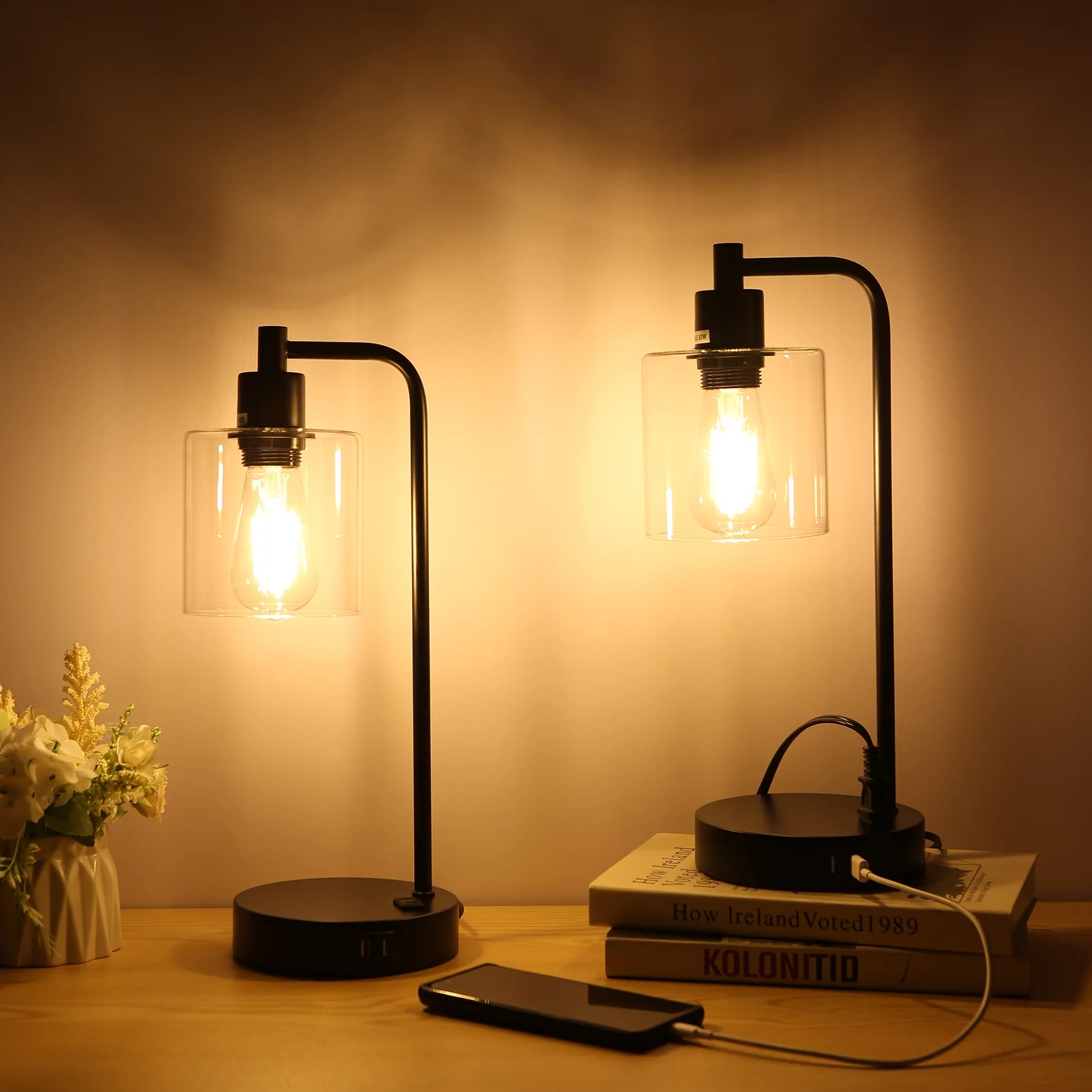 2-Pack Industrial Touch Control Table Lamp with 2 USB Ports and 1 AC Power Outlet, 3-Way Dimmable Bedside Nightstand Reading Lamps with Glass Shade for Bedroom Living Room Office 2 LED Bulbs Included