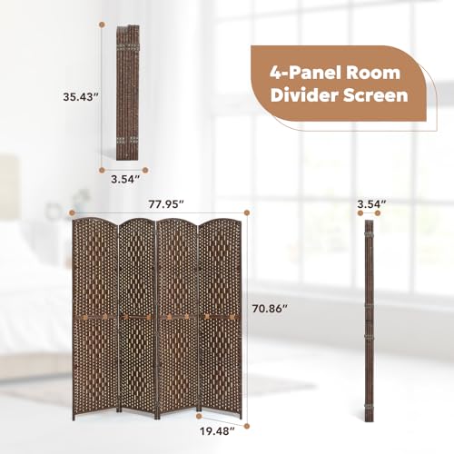 JOSTYLE Folding Privacy Room Divider, 4 Panel Screen Divider 6 ft. Tall Freestanding Extra Wide Rattan Room Partition Wall Separation Dividers, Grey