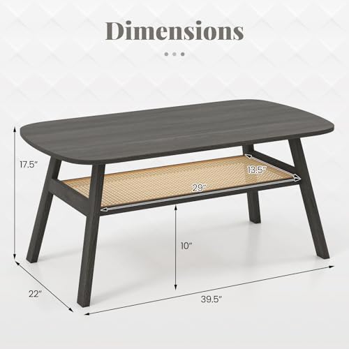 Giantex Rattan Coffee Table, 2-Tier Mid Century Modern Rectangular Cocktail Tea Table with Rattan Storage Shelf & Rubber Wood Legs, Farmhouse Boho Center Table for Living Room