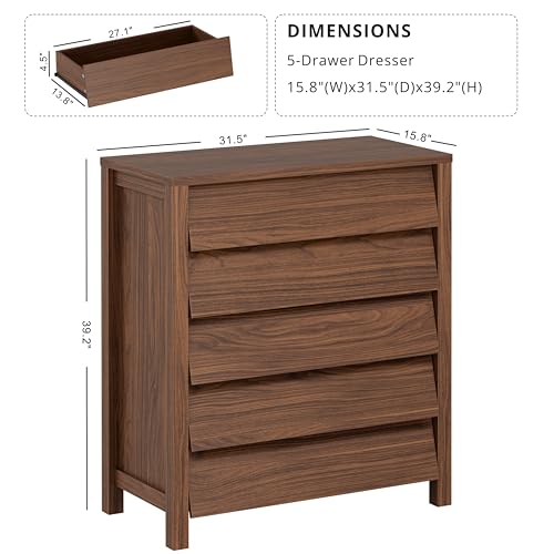IRONCK 5 Drawer Dresser for Bedroom, Modern Chest of Drawers with Handleless Design, Wooden Tall Dresser Storage Cabinet Bedroom Furniture for Living Room, Hallway, Closet, Walnut