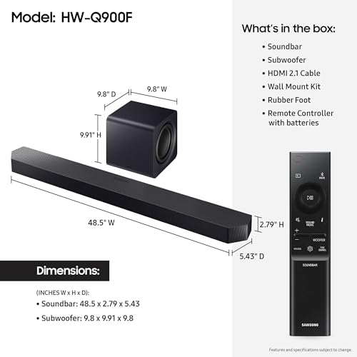 SAMSUNG Q990D 11.1.4ch Soundbar w/Wireless Dolby Atmos Audio, Rear Speaker Included, Q-Symphony, SpaceFit Sound Pro, Adaptive Sound, Game Mode Pro with Alexa Built-in, HW-Q990D/ZA