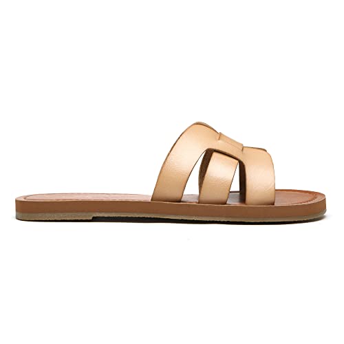 Athlefit Women's Flat Sandals Summer Casual Slip On Leather Slide Sandal