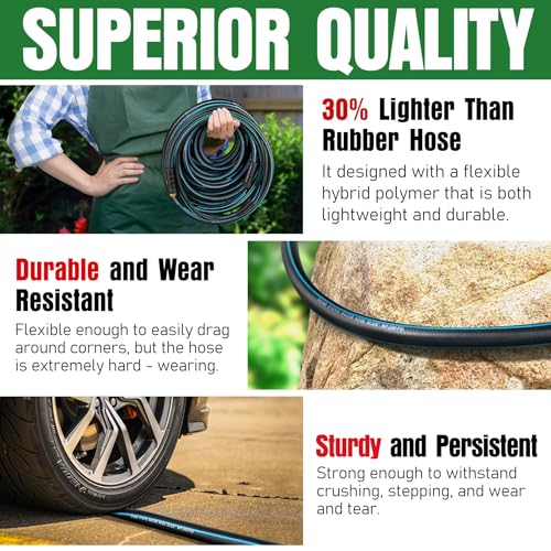 Heavy Duty Garden Hose 25ft, NON-EXPANDABLE Flexible Water Hose, Kink Resistant Lightweight Hybrid Hose, Leakproof Hose Male to Female Fittings