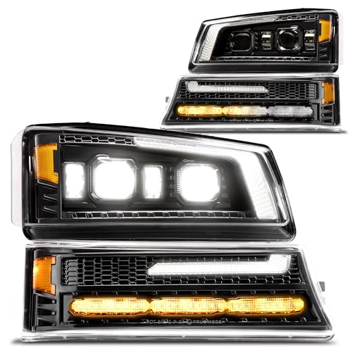 Full LED Headlight Assembly Replacement for Chevrolet 2003-2006 Chevy Silverado Cateye 1500 2500 3500 HD 03-06 Avalanche 1500 2500HD [DOT] DRL Amber Sequential Turn Signal Projector Headlamp