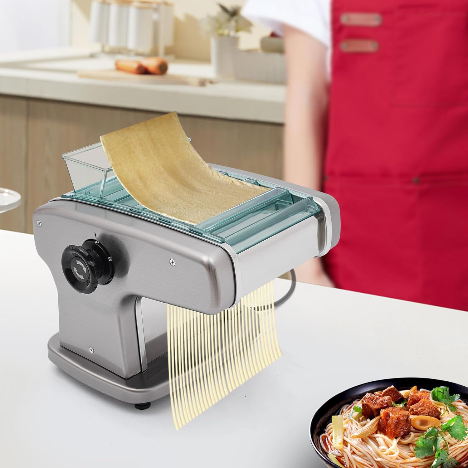 Electric Pasta Maker, 110V 135W Automatic Noodle Maker Machine Noodle Dough Pressing Machine for Commercial and Home Use, Adjustable Cutter Thickness (4* Blade)