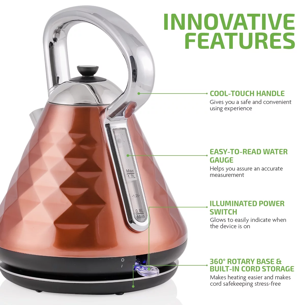 OVENTE 1.7 L Electric Kettle Hot Water Boiler, Automatic Shutoff, Coffee/Tea Maker, Copper KS755CO