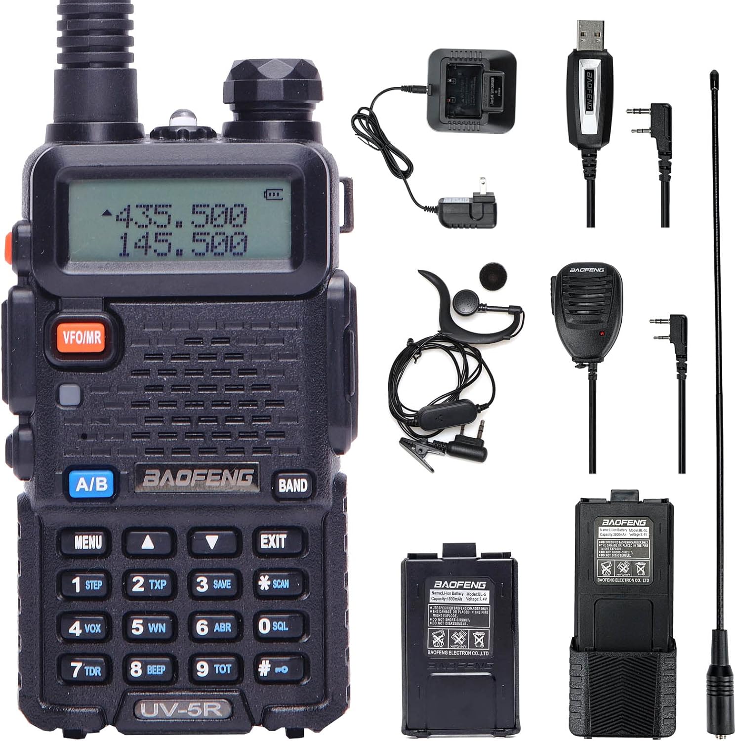 BaoFeng UV-5R 8 Watt High Power VHF UHF Dual Band Two Way Radio Tri-Power 8/4/1W Portable Radio with one More 3800mAh Battery,Speaker, Antenna, USB Program Cable and Earpiece