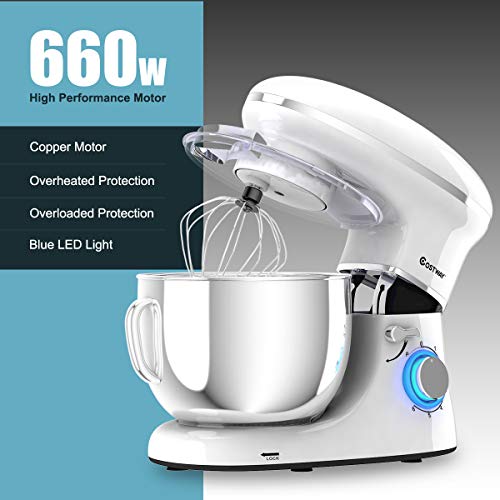 COSTWAY Stand Mixer, 660W Electric Kitchen Food Mixer with 6-Speed Control, 6.3-Quart Stainless Steel Bowl, Dough Hook, Beater, Whisk (Silver-update)