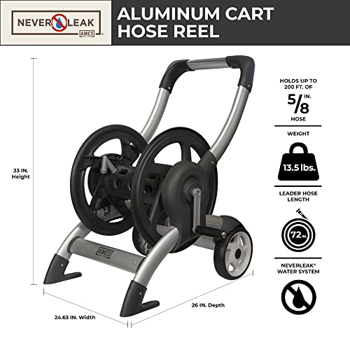 AMES 2518000 Reel Cart, NeverLeak Design, Holds 200 ft. of 5/8 in. Garden Hose, Heavy Duty Aluminum, Silver