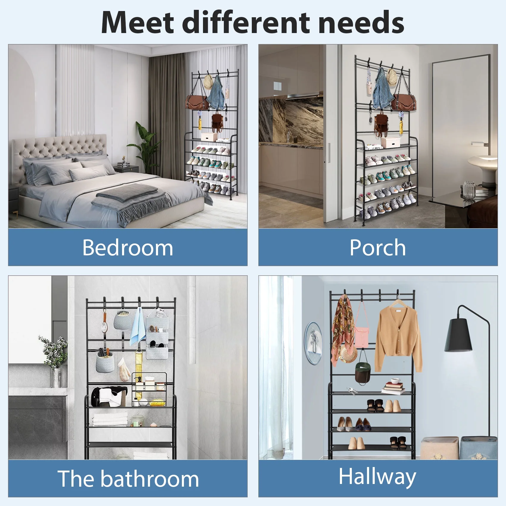 Flngr Entryway Coat Rack with Shoe Storage,3-in-1 Metal Hall Tree with Coat Hanger,Clothes Stand Shoe Rack Bedroom Storage Shelf Organizer,5 Shelves for Space Saving