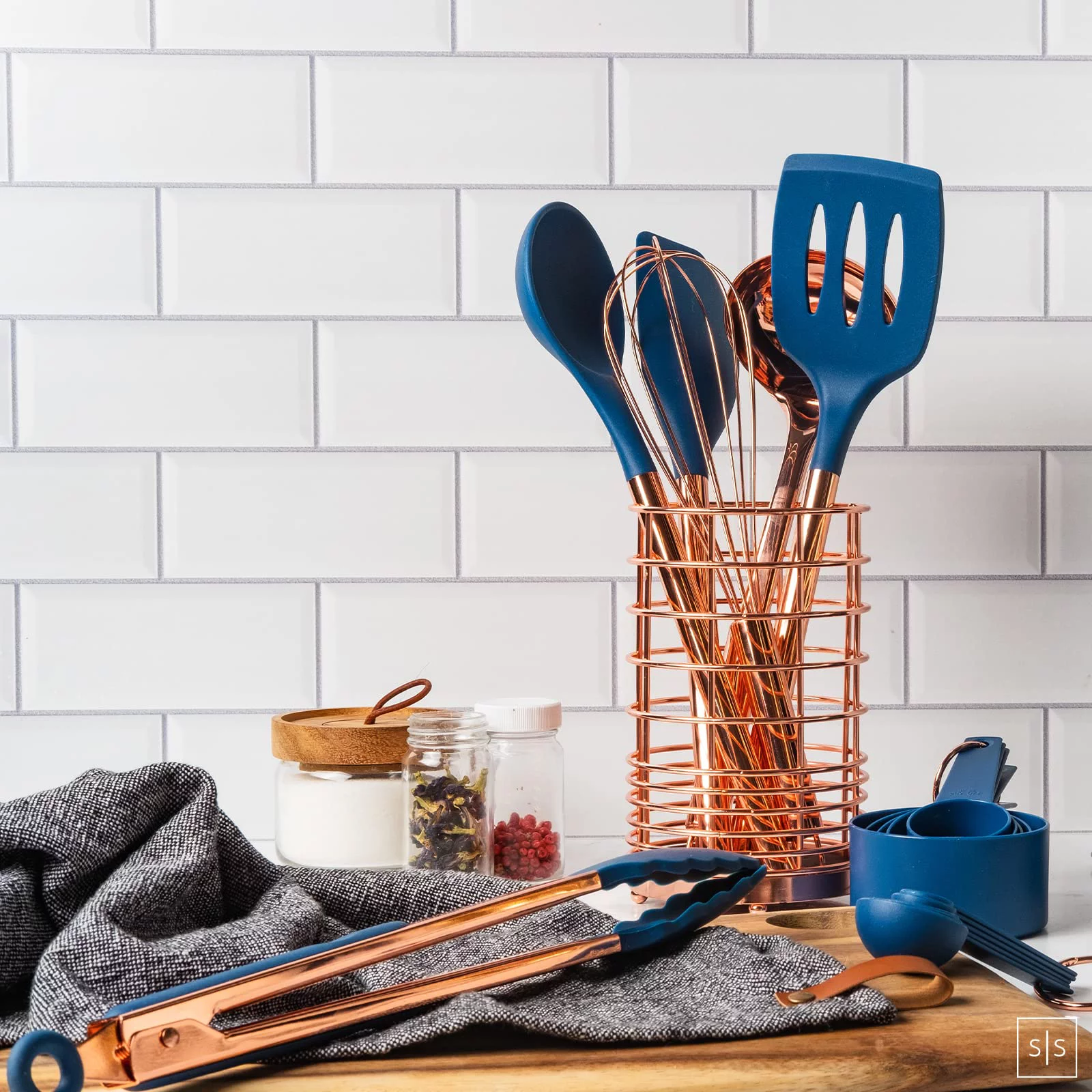 Styled Settings Copper and Blue Silicone Kitchen Utensils Set -17PC Set Includes Copper Utensil Holder, Blue Measuring Cups & Spoons, Copper Kitchen Utensils - Navy Blue Kitchen Decor