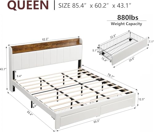 Queen Bed Frame with Headboard & Charging Station, Upholstered Platform Bed Frame with 2 Storage Drawers, Sturdy Wooden Slats Support/No Box Spring Needed/Noise Free/Easy Assembly/White