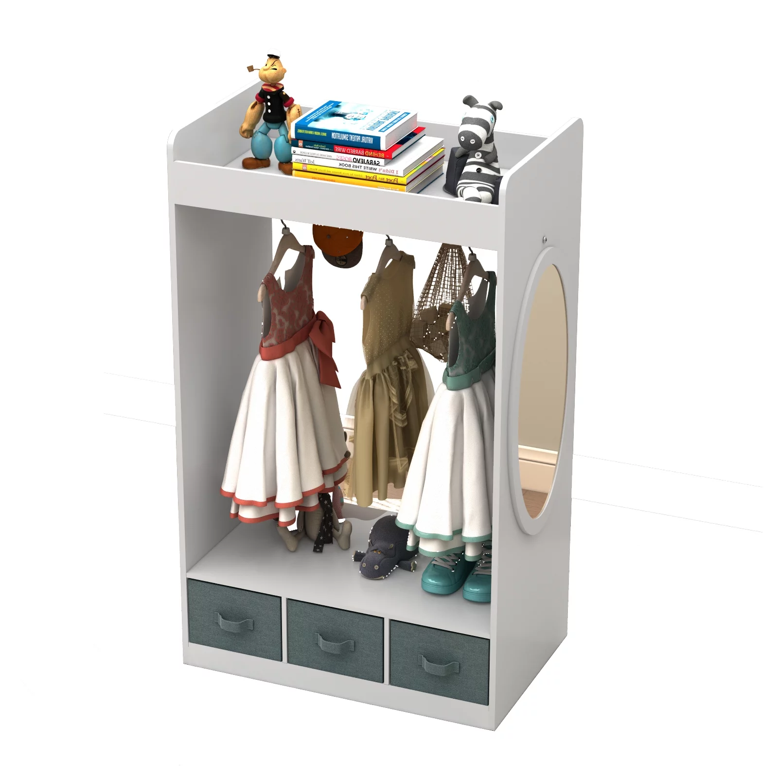 Kids Wardrobe Dress Up Storage with Mirror & 3 Drawers, Girls Armoire Closet Storage Organizer for Bedroom Nursery