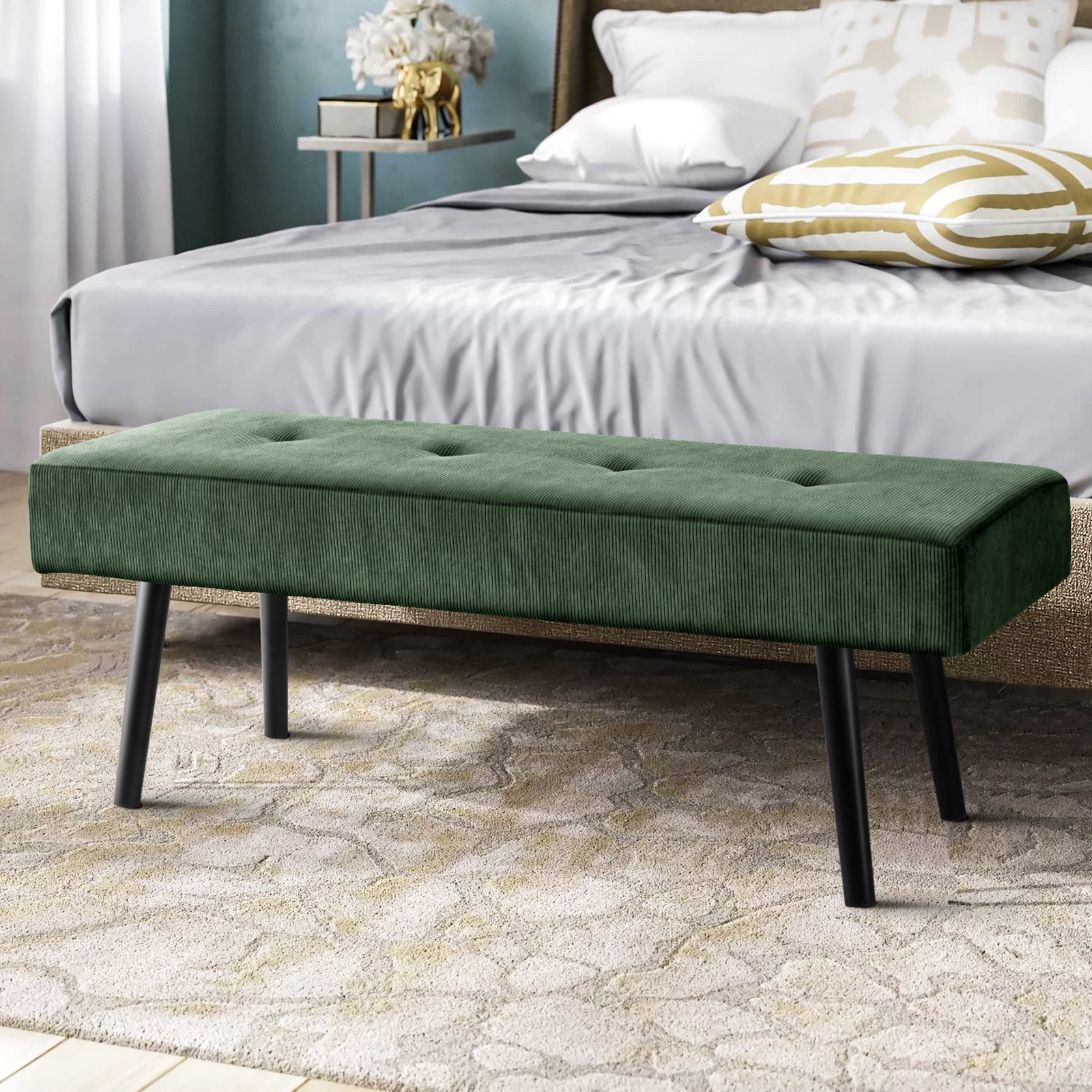 WELLET Modern Entryway Bench, Corduroy Seat for End of Bed, Green