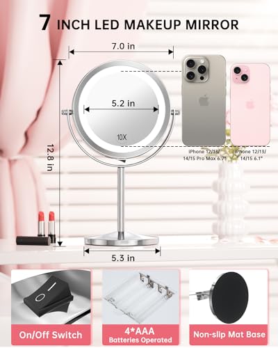Gospire 1x/10x Magnifying Lighted Makeup Mirror Double Sided Round Standing 360 Degree Swivel Mirror for Shaving Bathroom 7 Inch Diameter