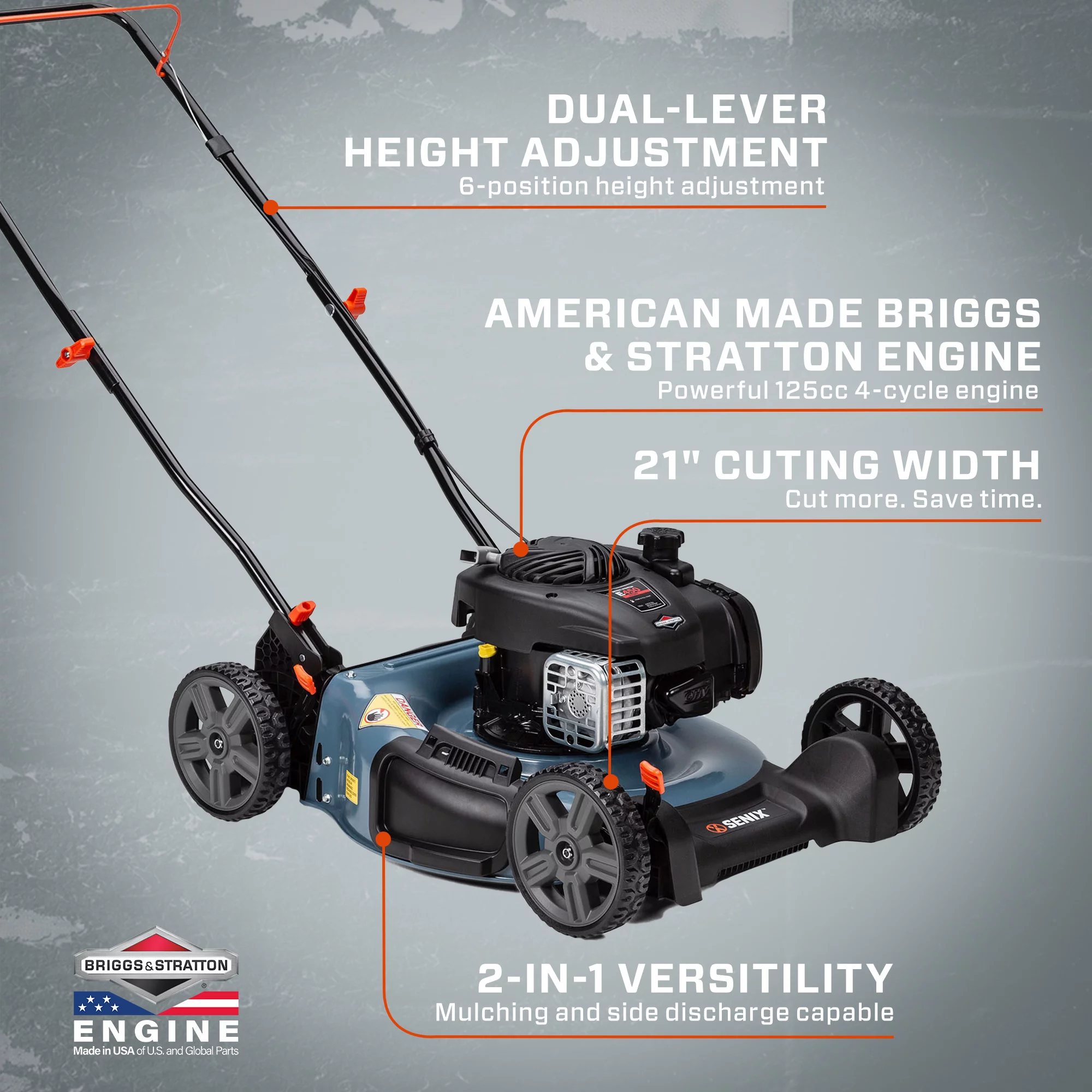 SENIX 21-Inch 125 cc 4-Cycle Gas Powered Push Lawn Mower, Mulch & Side Discharge, Dual Lever Height Adjustment, LSPG-M3