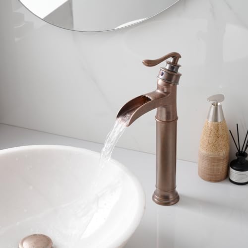 BWE Vessel Sink Faucet Waterfall Matte Black with Pop Up Drain Without Overflow and Supply Lines, Black Sink Faucet Bathroom One Handle Faucets Vanity Bath Mixer Tap