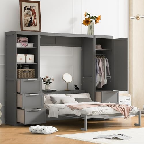 Ball & Cast Murphy Bed Queen Size Hideaway Wall Chest with Closet and Drawers,Storage Cabinet Bed Frame w/Shelves,can be Folded into a Cabinets,Bedroom Folding Bedframe for Guest Room,Study,White