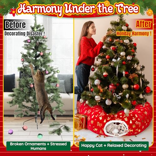 3-in-1 Christmas Cat Tunnel Bed & Tree Skirt, Warm & Cozy Double-Sided Fleece Hideout w/Detachable Mat, Deter Cats Damage Xmas Tree Decor, Festive Coziness