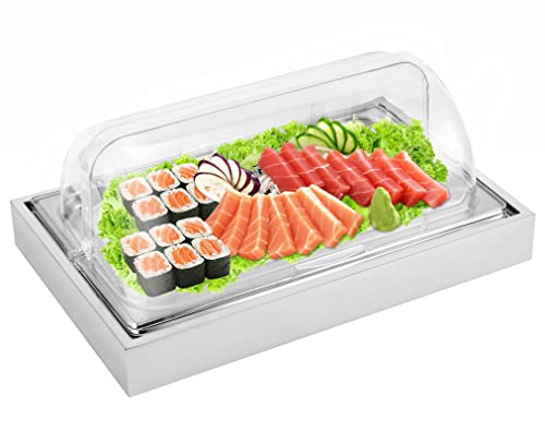 Ice Food Serving Display Tray with Clear Roll Top Cover Buffet Cold Serving Cooler Platter w/ 2 Ice Packs Cooling Food Dishes Display Plate Case with Lid for Seafood Fruit Party Buffet Tray