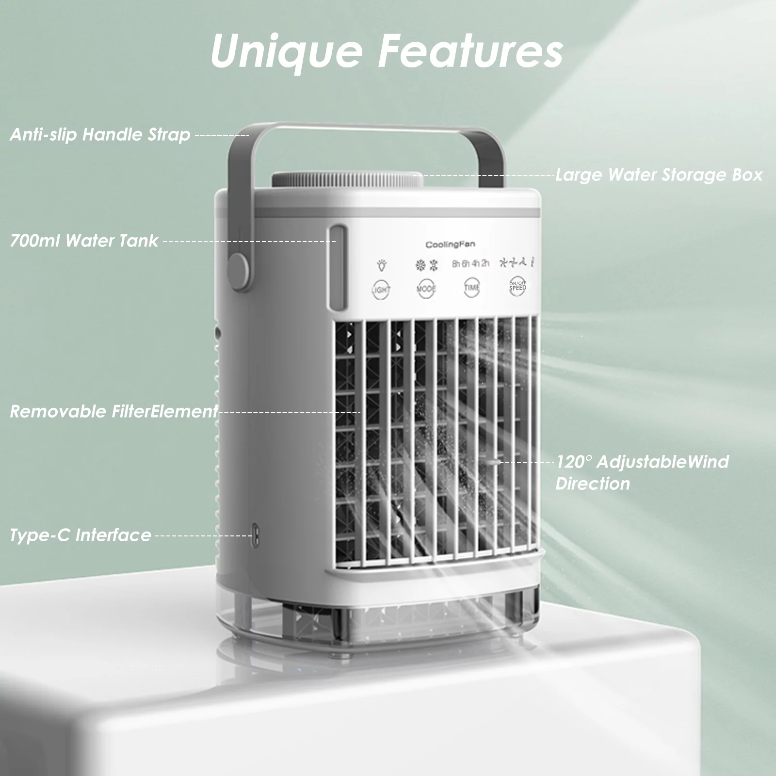 Jahy2Tech Portable Air Conditioner, 3-IN-1 Evaporative Personal Air Cooler 700ML Waterbox Cooling Fan, 2-8H Timer, 4 Wind Speeds, 2 Misting Modes and LED Light, USB Plug