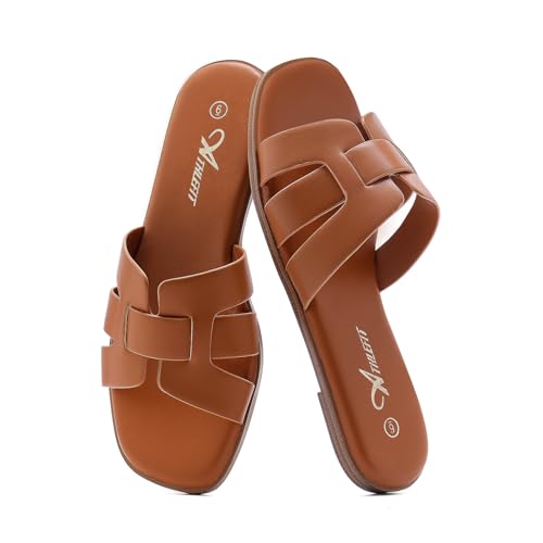 Athlefit Women's Flat Sandals Dressy Summer Square Open Toe Slip On Leather Slide Sandals