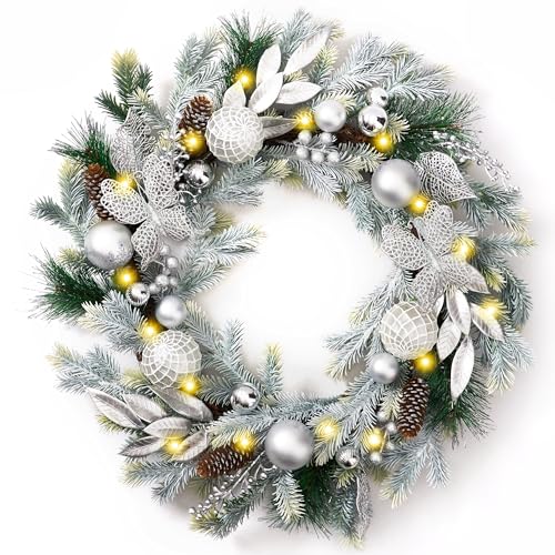 DecorbyHannah 24'' Pre-Lit Christmas Wreath for Front Door with Lights, Large Pink Lighted Christmas Wreaths with Ornaments for Window, Battery Operated Outdoor Xmas Wreath for Winter Holiday Decor