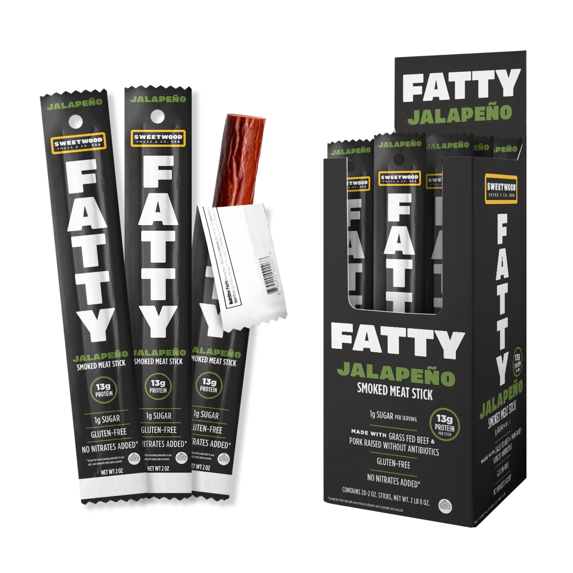 FATTY Meat Sticks, Grass-Fed Beef, High Protein Snack, Camping, Sports, Road Trip, Low Carb, Gluten Free, MSG Free, Nitrate Free, Jalapeno Flavor, 2 Ounce (Pack of 20)