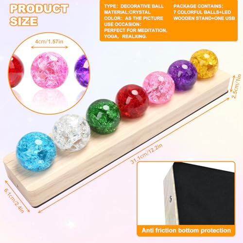 7 Colors 40mm Ice Cracked Crystal Balls with LED Wooden Base, Crystal Chakra Balls Glass Healing Crystal Night Light for Meditation Decoration Ball Set for Home Living Room