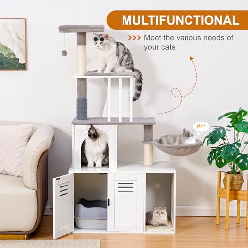 Snughome Cat Tree with Litter Box Enclosure Furniture, 2-in-1 Modern Cat Tower, 58.66’’ Wood Cat Condo with Scratching Post and Hammock, Pet Furniture with Large Platform, White