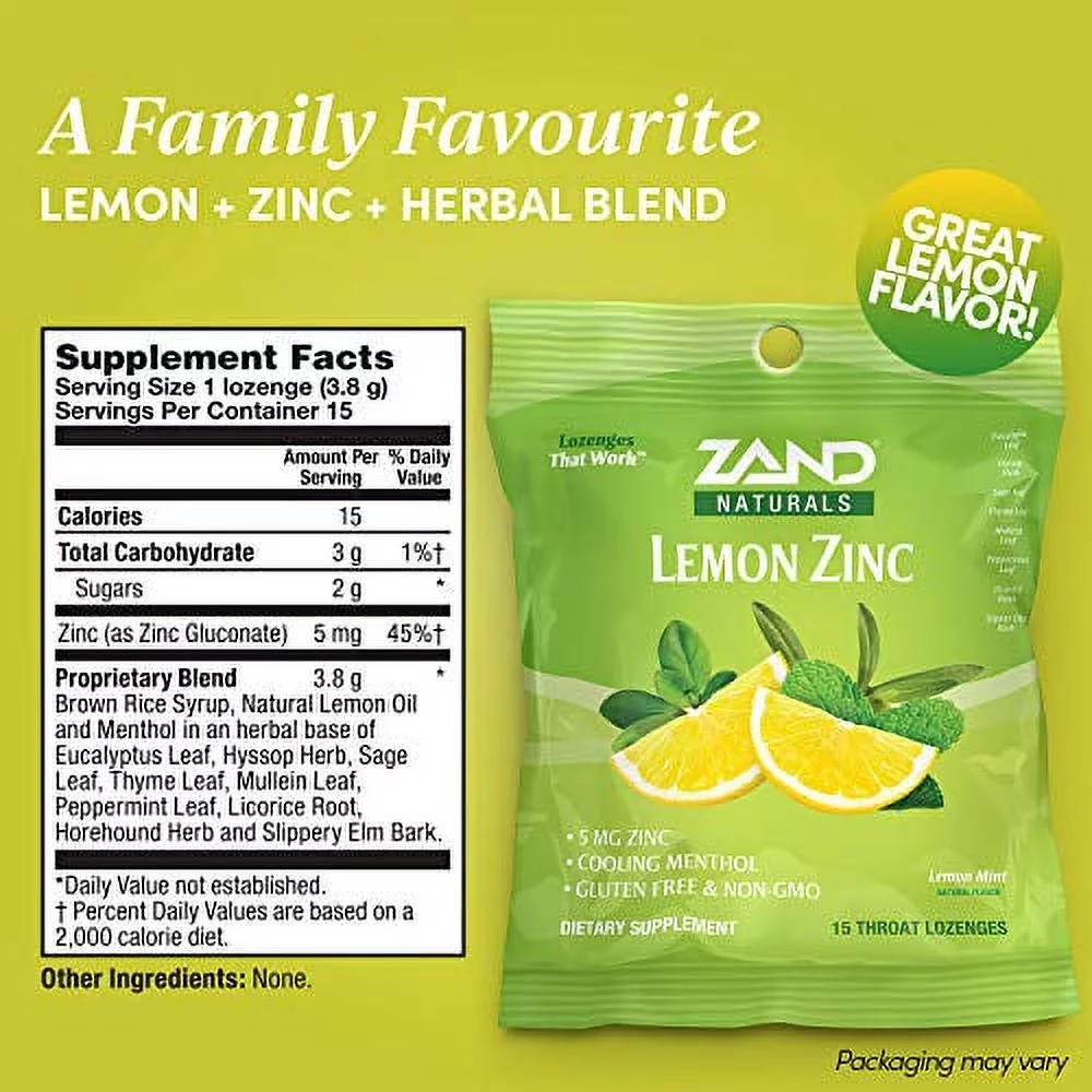 Zand Immunity Lemon Zinc HerbaLozenge | Soothing Throat Drops | No Corn Syrup, No Cane Sugar (12 Bags, 15 Lozenges)
