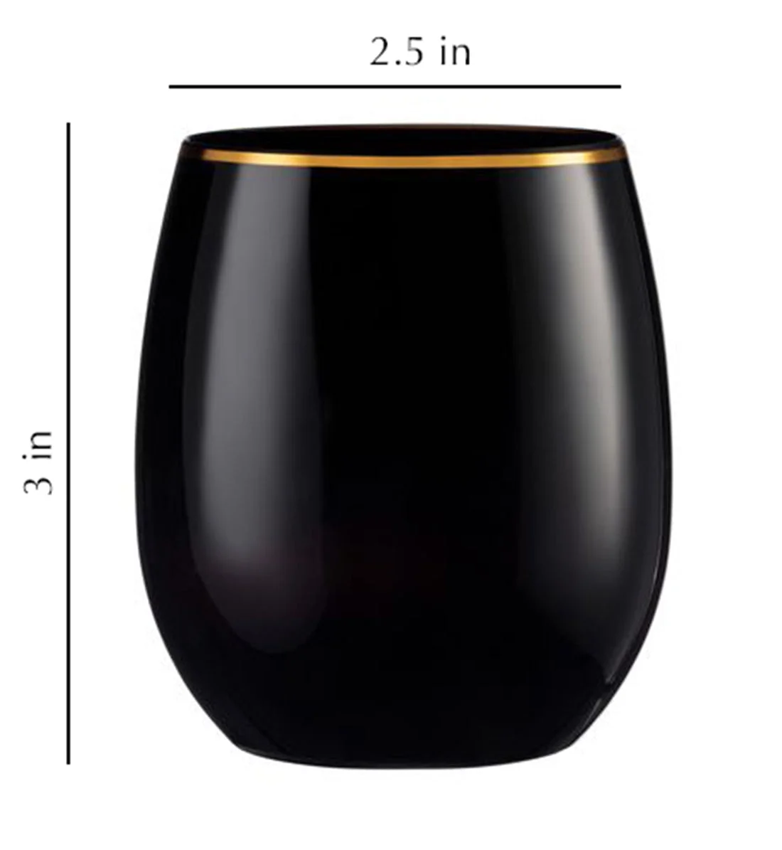 VEZEE Stemless Plastic Wine Goblet 12 oz Black / Gold Rim Pack of 12