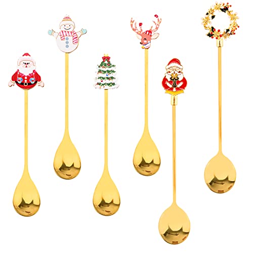 6 Pcs Stainless Steel Coffee Spoons with Reindeer, Santa, Christmas Tree, Snowman Designs for Dessert, Ice Cream Sundae