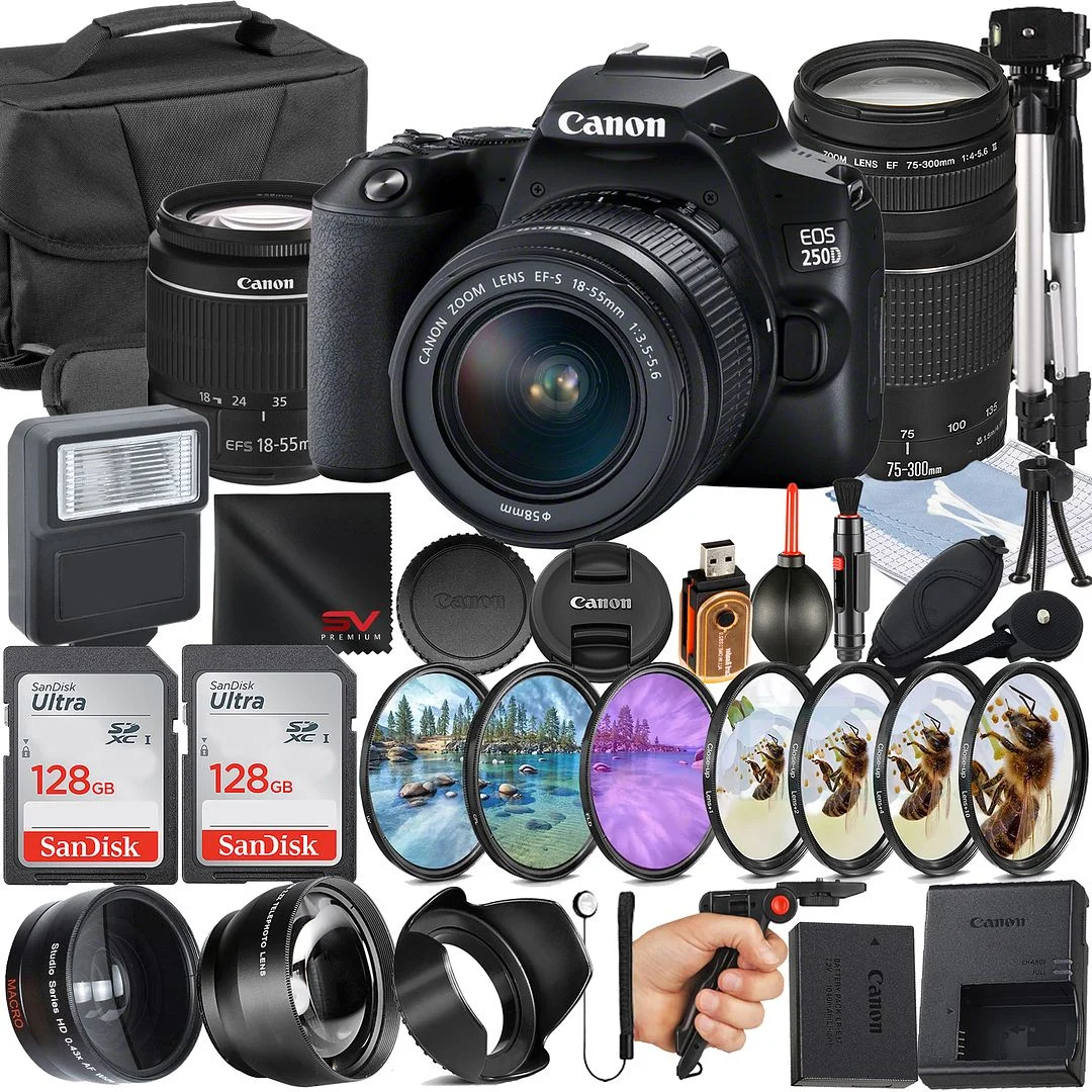 Canon EOS 250D / Rebel SL3 DSLR Camera with 18-55mm + 75-300mm Lens + 2 Pack SanDisk 128GB Memory Card + Case + Tripod + Telephoto + SV Premium Accessory Bundle