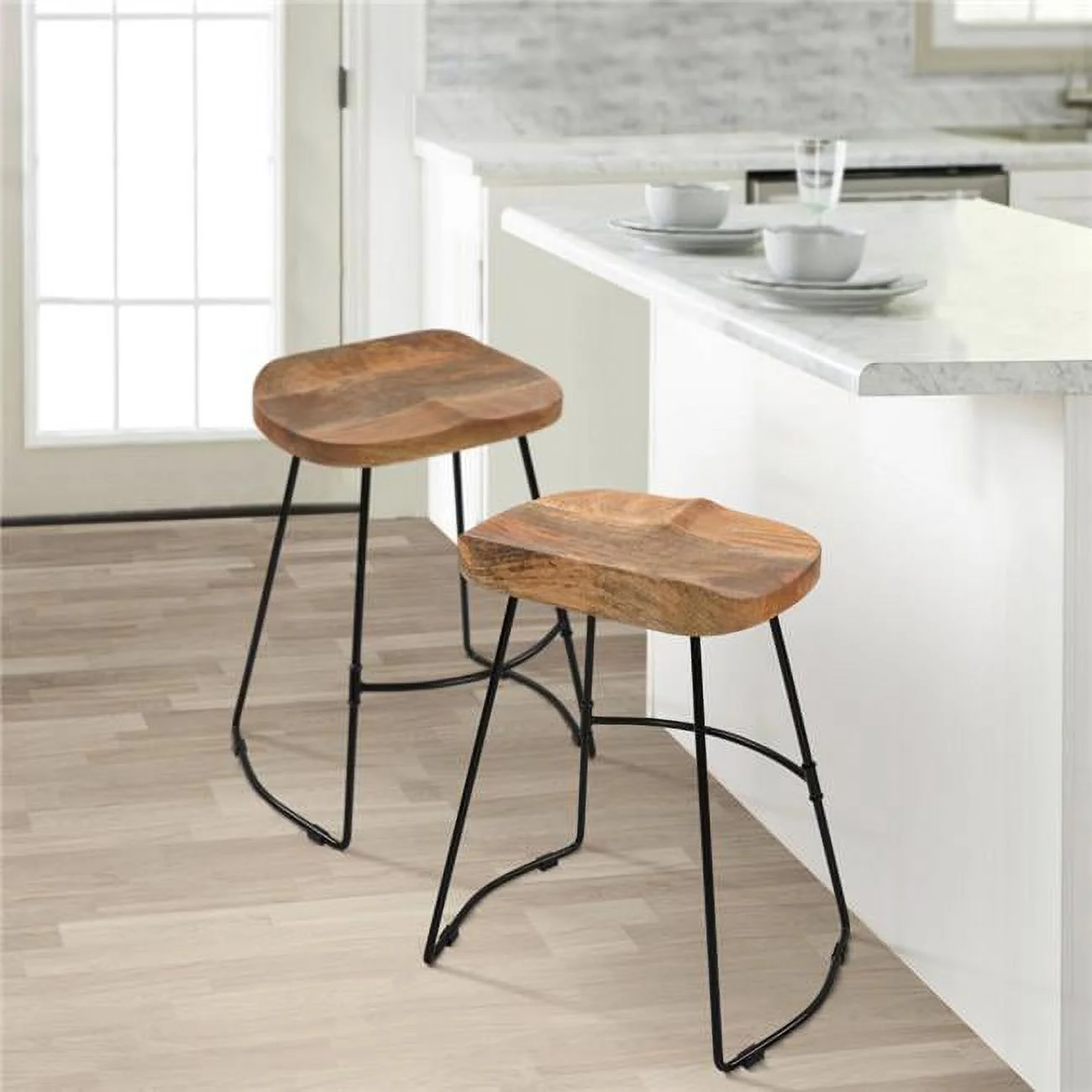 24 in. Tiva Handcrafted Backless Counter Height Stool with Brown Mango Wood Saddle Seat & Black Metal Base