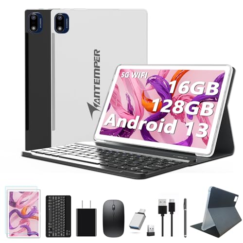 ANTEMPER Latest Android Tablet 10.1 Inch, 5G WiFi Tablets Mit 16GB RAM+128GB ROM(1TB TF),2 in 1 Tablet with Keyboard Mouse Pen-Octa-Core2.0Ghz | 7000mAh | 1080FHD | 13MP Camera | WLAN GPS -Silvery