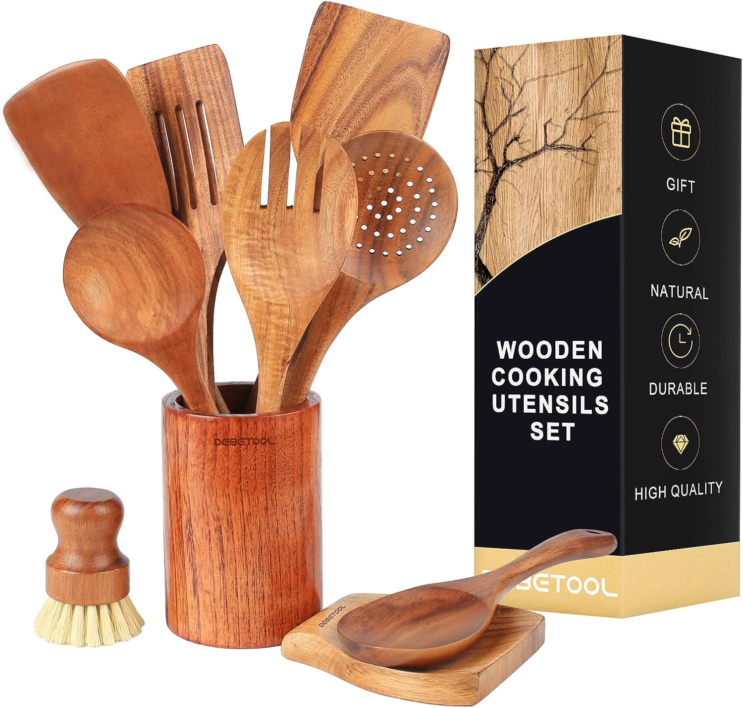 Wooden Spoons for Cooking, 10 piece Wooden Cooking Spoon Set with Utensil Holder, Spoon Rest, Dish Brush - Natural Teak Wooden Utensil Set for Home Cooking and Gift