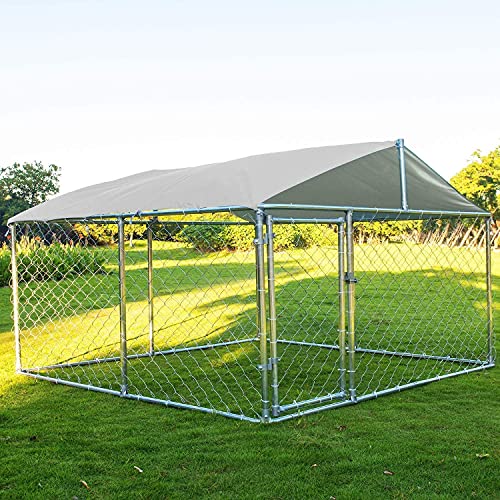 LEISU Dog Kennels Outdoor Large Dog Cage Heavy Duty Dogs House Extra Wide Outside Pet Kennels with Water-Resistant Cover for Back Yard Farm (Sliver)