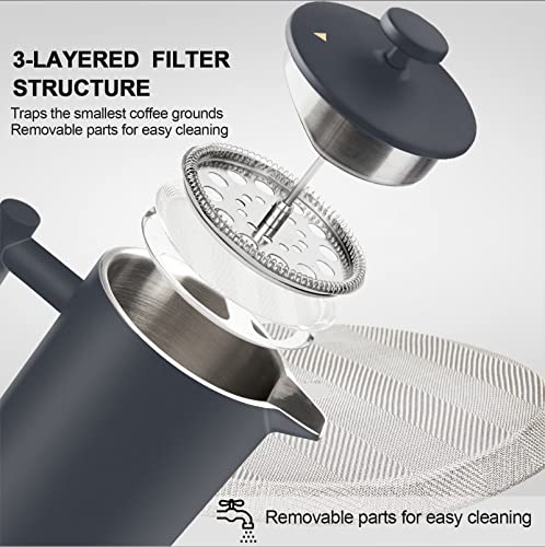 Secura French Press Coffee Maker, 304 Grade Stainless Steel Insulated Coffee Press with 2 Extra Screens, 34oz (1 Litre), Silver