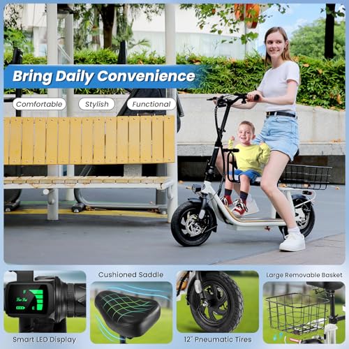 Caroma Peak 500W/800W/1200W Electric Scooter with Seat, 30 Miles Max Range Electric Scooter Adults&Teens, 48V Large Battery, 20MPH Top Speed Foldable Ebike, Adjustable E-Bike with Basket&Kid Seat