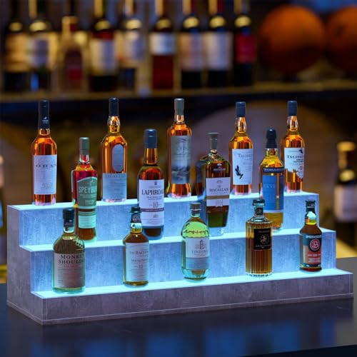 LED Lighted Liquor Shelves, 24 Inch Bar Bottle Display Shelf, DIY Illuminated Bottle Shelf with App & Remote Control, 3 Step Freestanding Holding Bottles for Home Bar, Party, Grey