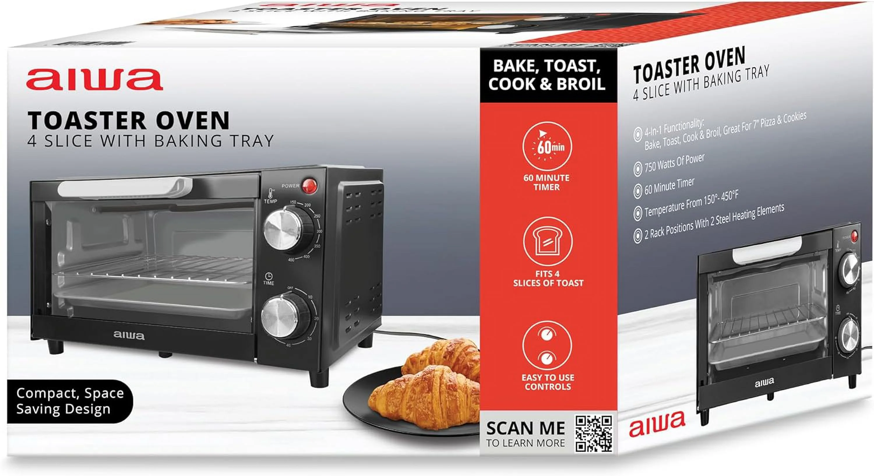 Countertop Toaster Oven With Baking Tray, Bake Toast Cook And Broil, Temperature Control, 60 Minute Timer Knob, Automatic Shutoff, Baking Tray And Crumb Tray Included, Black