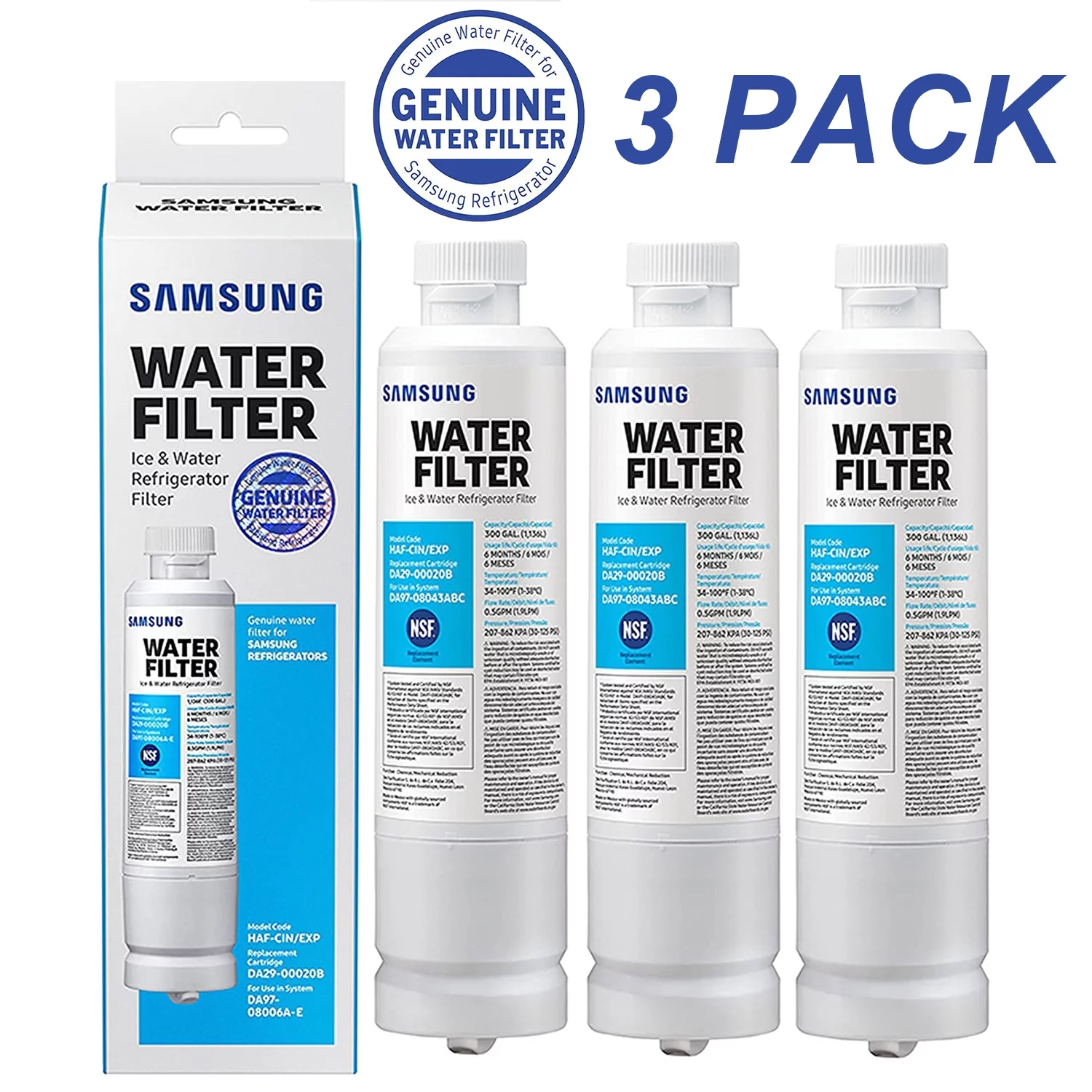 Genuine DA29-00020B HAF-CIN/EXP Refrigerator Water Filter Fit for Samsung Refrigerator  DA2900020B DA29-00020A DA2900020A FEAT4 Samsung DA29-00020B (3 Pack)