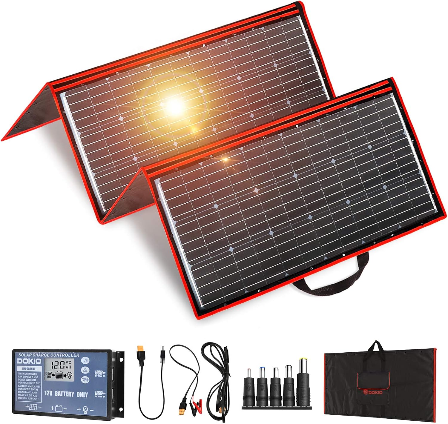 DOKIO 300W 18V Portable Solar Panel Kit (ONLY 0.9in Thick) Folding Solar Charger with 2 USB Outputs for 12v Batteries/Power Station AGM LiFePo4 RV Camping Trailer Car Marine