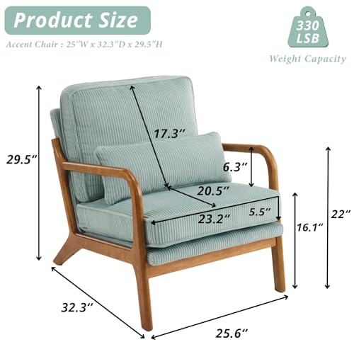 Karl home Mid-Century Modern Accent Chair, Living Room Chairs with Pillow Corduroy Upholstered Lounge Armchair with Solid Wood Frame & Soft Cushion for Bedroom, Reading Room, Teal