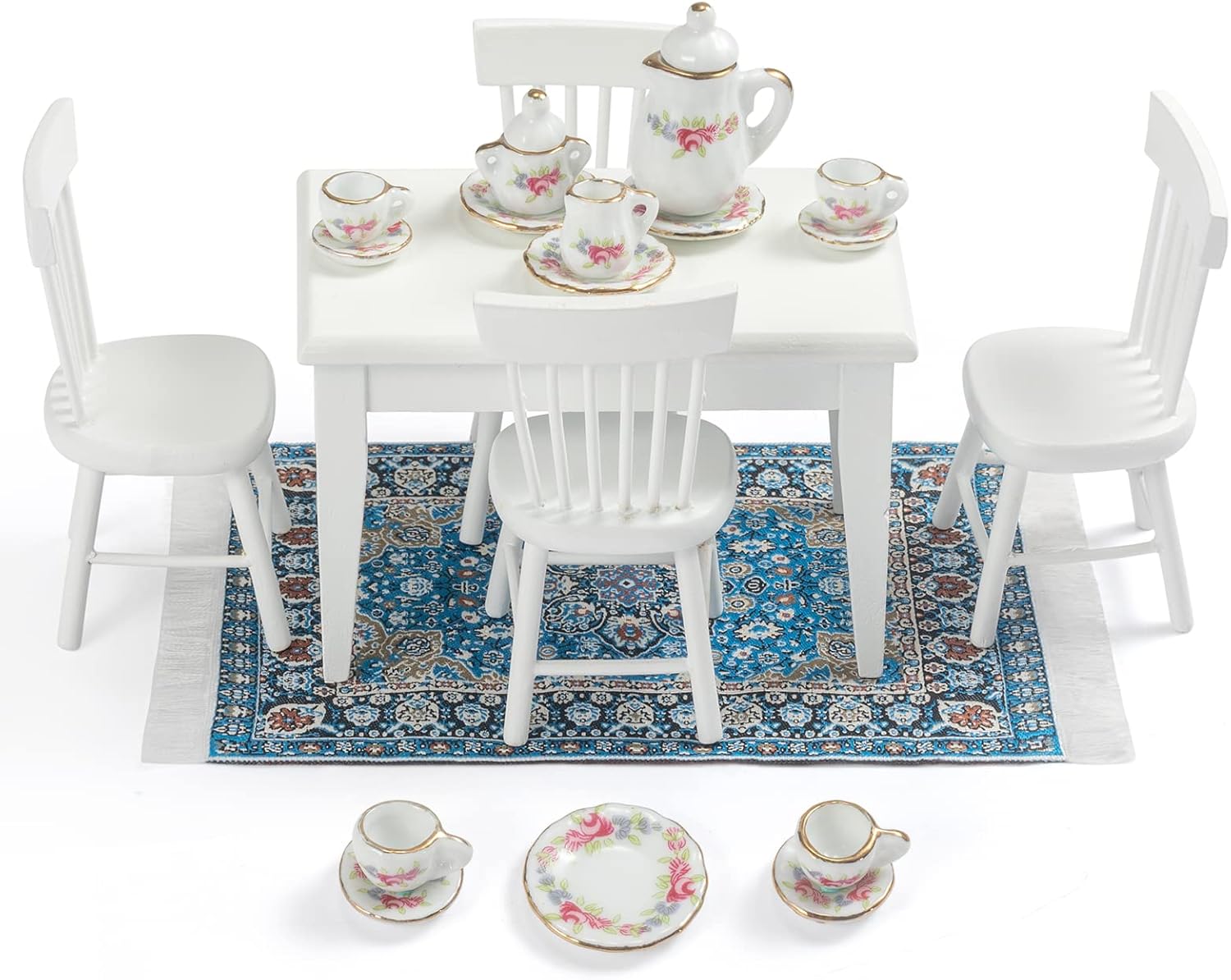 SAMCAMI 1:12 Dollhouse Furniture - Exquisite Kitchen Room Set (17 Pieces) - Dining Table with Chairs, Tea Set, Carpet - Dining Room Furniture Model (White)