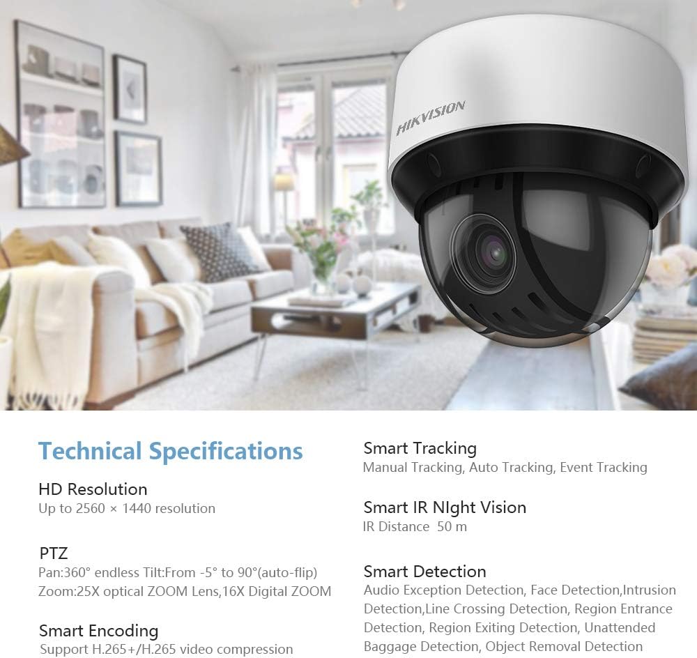 Hikvision 4MP UltraHD 25x Network IR PTZ Outdoor Dome Camera DS-2DE4A425IW-DE,2560X1440, 98ft Night Vision, Auto Tracking，4.8mm~120mm Lens 25X Optical Zoom H.265+, IP66,IK10,SD Card Slot