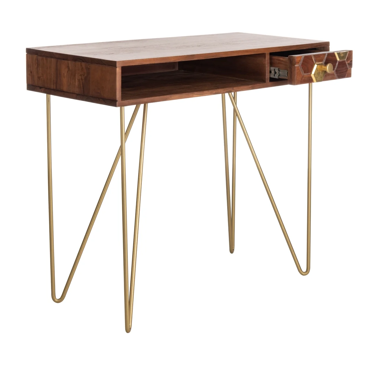 SAFAVIEH Raveena Mid-Century w/ Drawer Writing Desk, Walnut/Brass