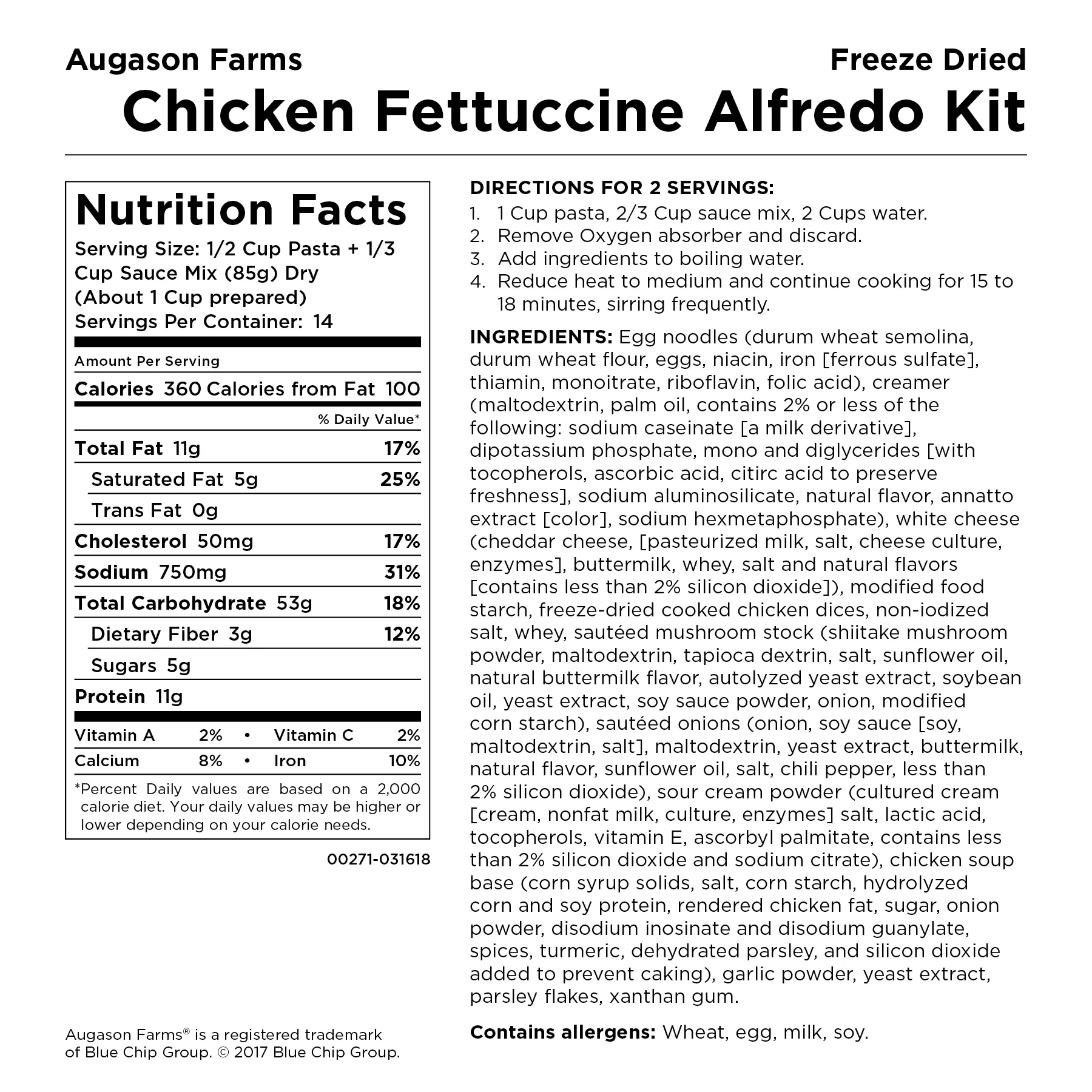 Augason Farms Freeze Dried Chicken Fettuccine Alfredo Kit 2 lbs 10 oz No. 10 Can
